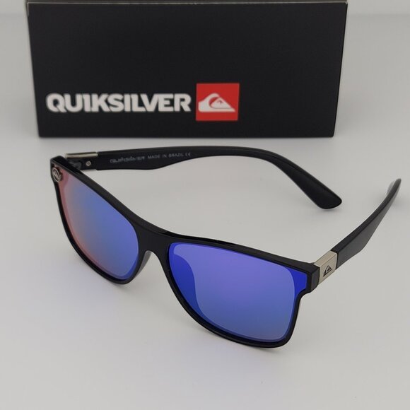 Quiksilver Round Flat Lens Sunglasses Gloss Black Frame Blue-Mirror Lens NEW Q24 - Picture 3 of 11